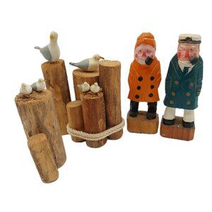 Nanco Sailor Sea Captain 2 Hand Carved Wooden Fisherman & 3 Birds On Wood Read